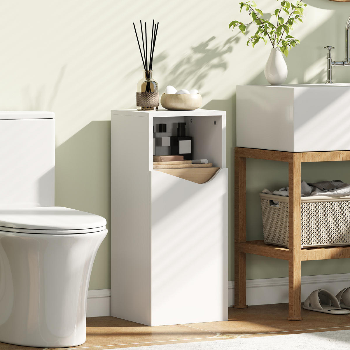 BADEZIMMERSCHRANK Schmal Badschrank mit Verstellbaren Ablagen, offenem Fach - Weiß, Holzwerkstoff (30/71.5/30cm) - HOMCOM