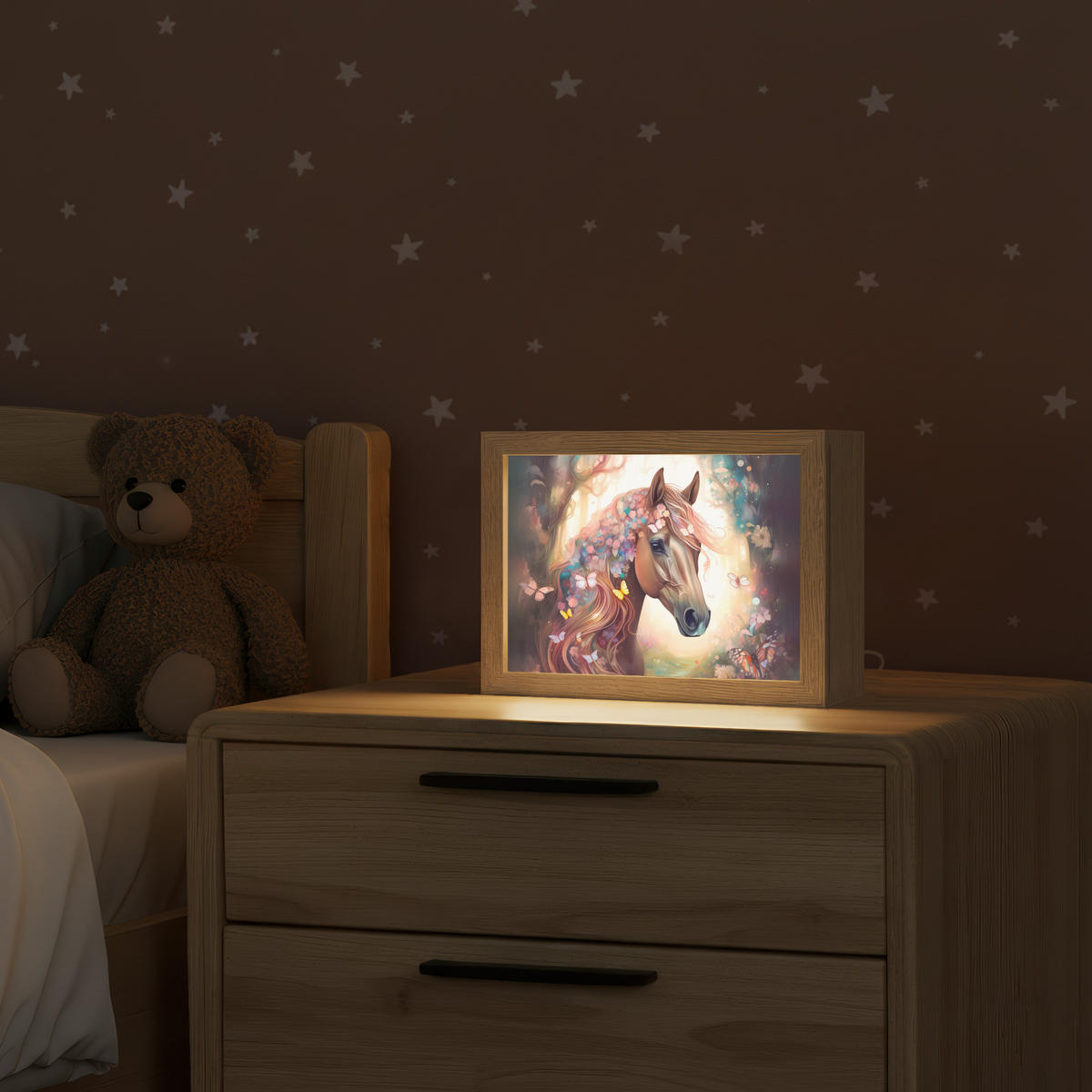 NACHTTISCHLAMPE Pferd - Natur - Blumen - Schmetterlinge - Wald 20x15 cm - Dunkelbraun, Holzwerkstoff (8/20/15cm)