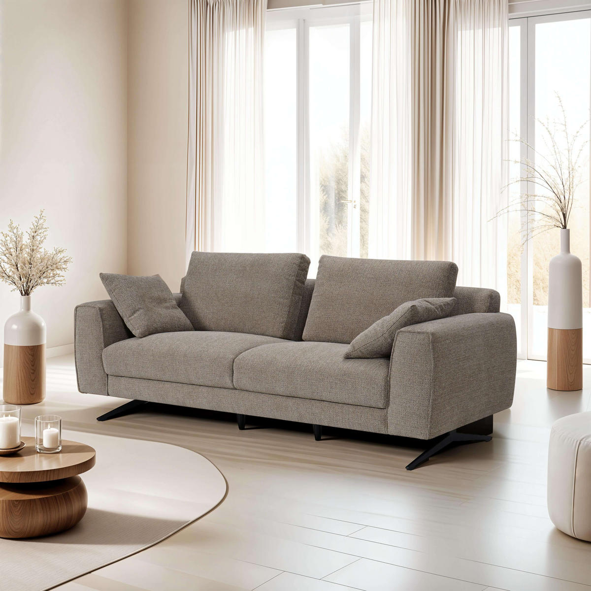 DREISITZER-SOFA Webstoff Braun - Schwarz/Braun, Textil/Metall (217/84/92cm) - Furnhouse