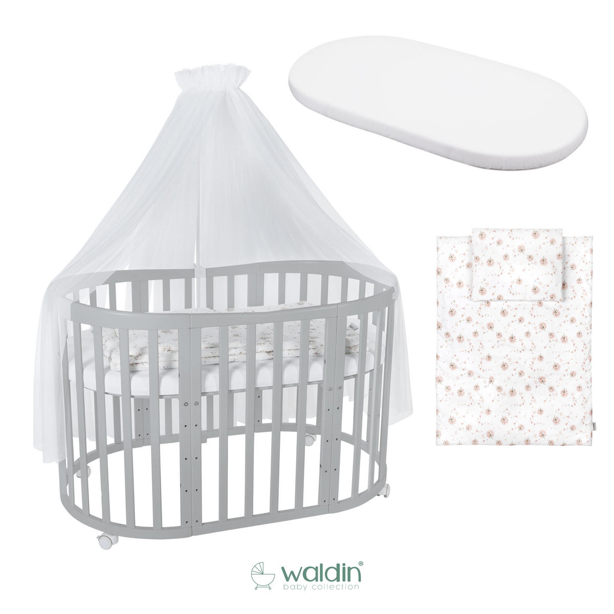 BABYBETT GREY OVAL 7in1 mit Matratze und Himmelset - Weiß/Braun, Holz/Textil