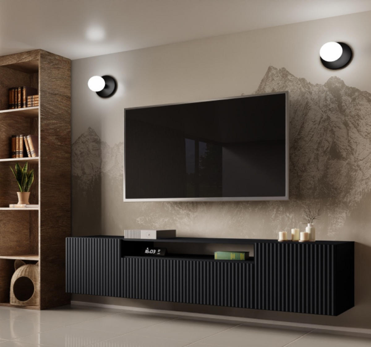 TV-SCHRANK Schwarz NOELI Hängend Mit Gerillten Fronten - Schwarz, Holzwerkstoff (200/40/41cm) - Sepro Meble