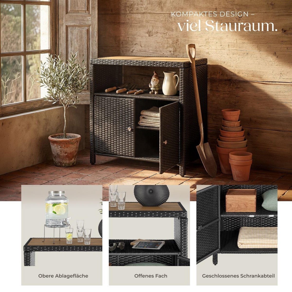 GARTENSCHRANK Monscia, höhenverstellbare Füße, 90 x 55,5 x 87 cm, schwarz - Schwarz, Kunststoff (90/97/55.5cm) - tectake