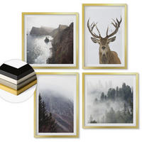 WANDBILDER 4er Set - 50x50 cm & 40x60 cm Goldrahmen - Berglandschaft Nebel Hirsch - Goldfarben, Kunststoff (50/50cm) - ArtPrintCave