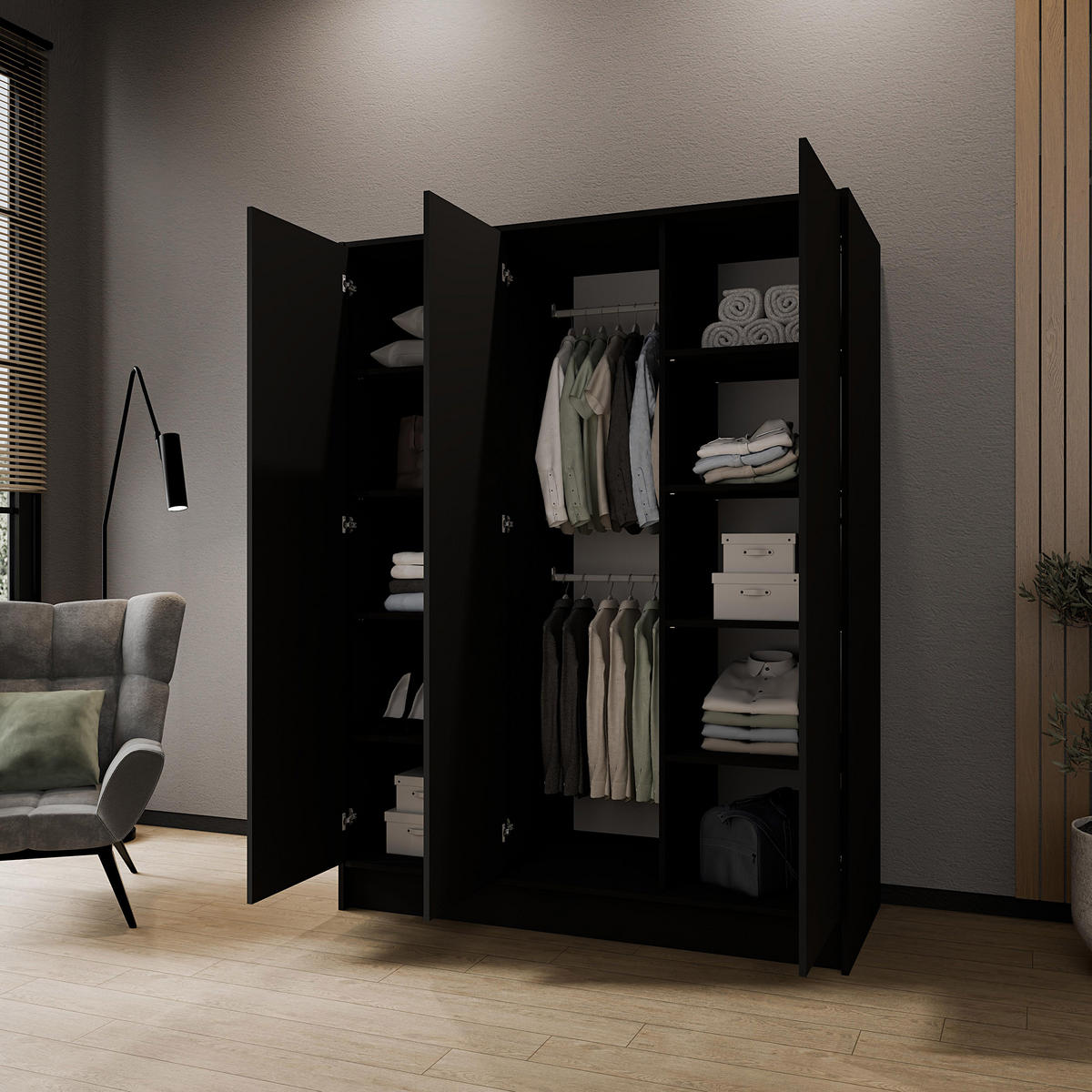 DREHTÜRENSCHRANK Gava mit drei, glatten Türen, Schwarz - Schwarz, Holzwerkstoff (150/200/51cm) - Beautysofa