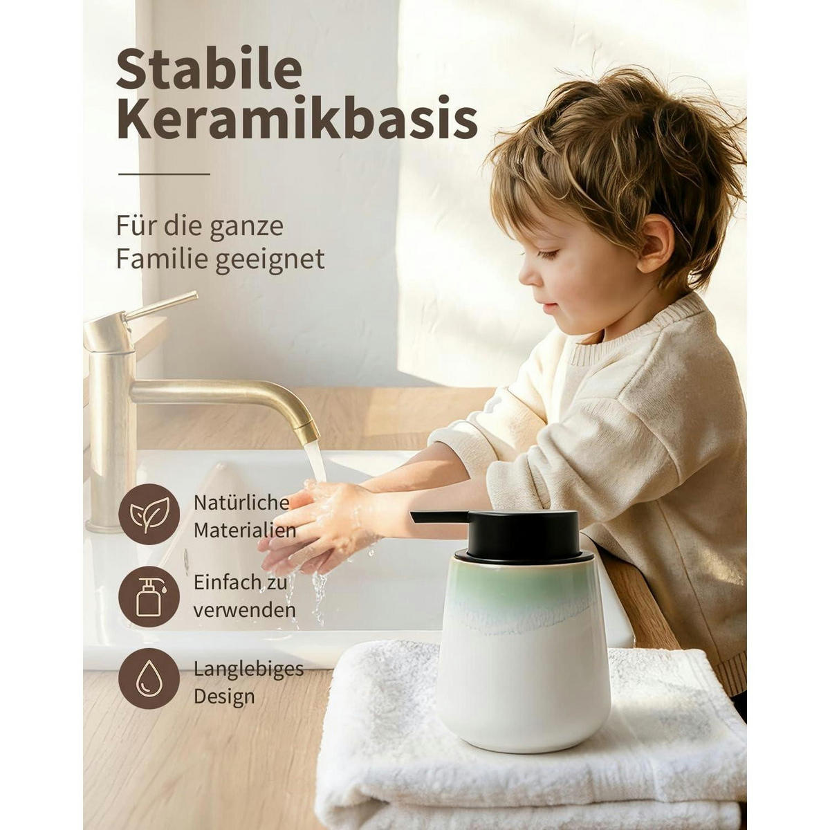 SCHAUMSEIFENSPENDER Keramik Weiß / Grüner Rand 350 ml - Grün, Keramik (9/12/9cm)