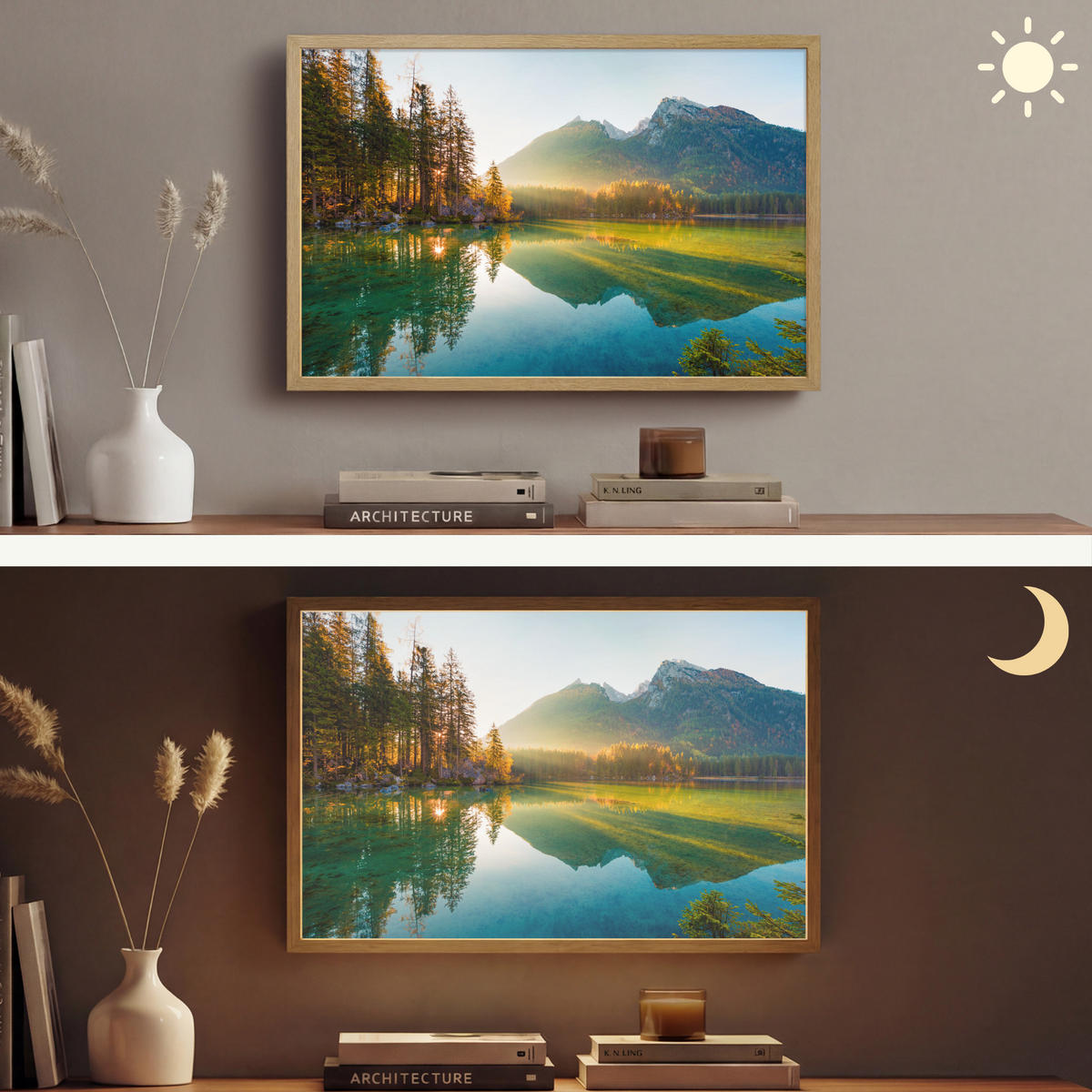WANDLEUCHTE MIT AKKU See - Wald - Berge - Natur - Sonne - Landschaft 60x40 cm - Grün, Holzwerkstoff (60/40/8cm) - OnlyWow