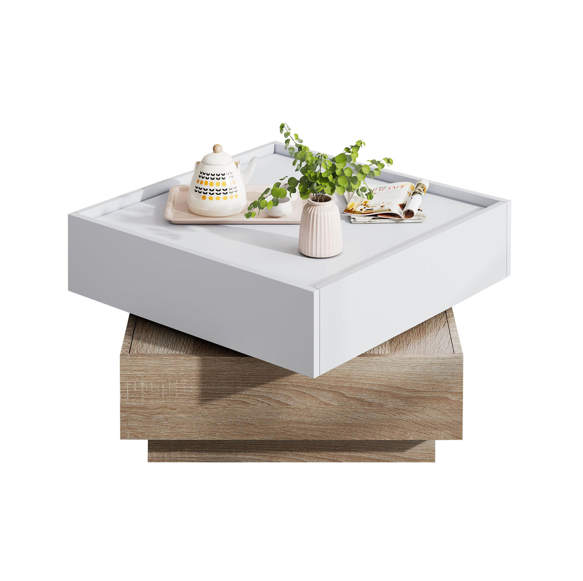 COUCHTISCH, 360° drehbar, Weiß/Walnuss mit Furnier, 2 Schubladen, 60/60/38 cm,Weiß - Weiß, Holzwerkstoff (60/60/38cm) - Redom