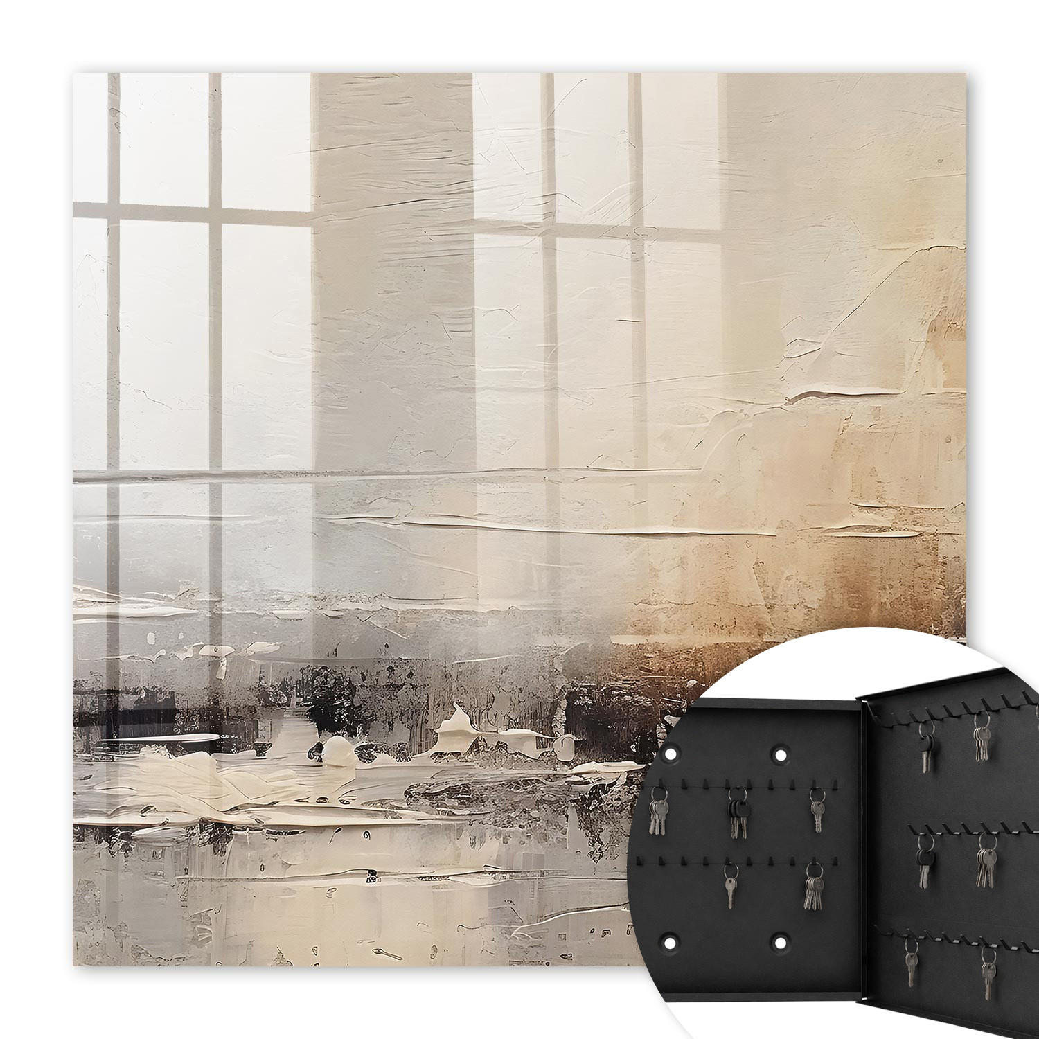 SCHLÜSSELBOX Schwarz 30x30 cm- Türöffnung nach rechts - Abstrakte Landschaftsmalerei - Beige, Metall (30/30/5cm) - TULUP