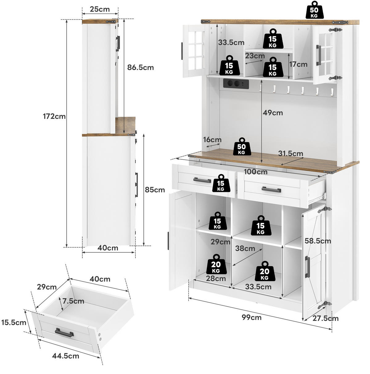 BARSCHRANK mit LED und Ladestation MDF Brown+White - Braun, Holzwerkstoff (40/172/100cm) - Meubliv