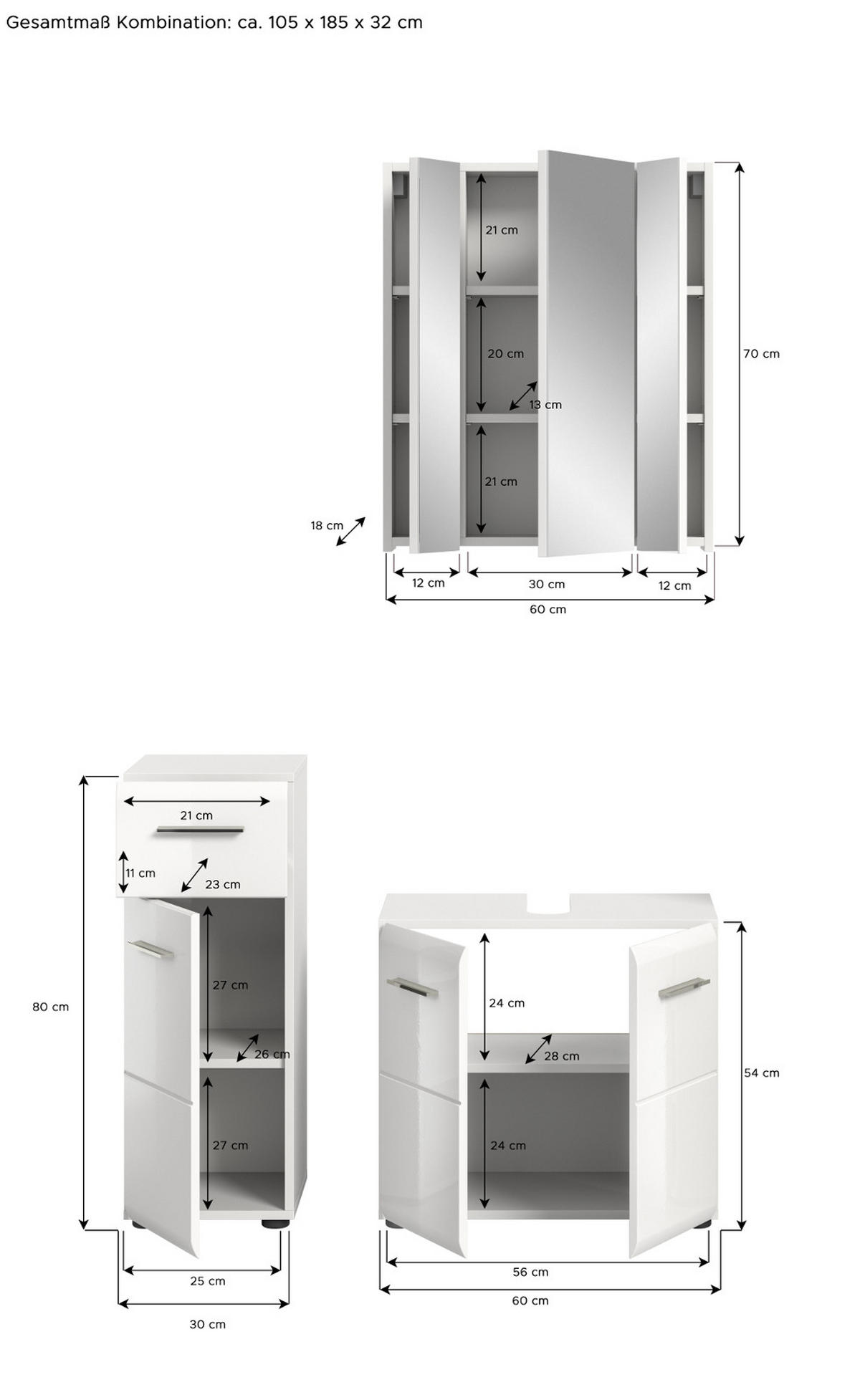 BADMÖBEL-SET 3-teilig weiß Hochglanz, Badkombination 105 x 185 cm - Weiß Hochglanz/Silberfarben, Glas/Holzwerkstoff (105/185/30cm) - Inn.Furn