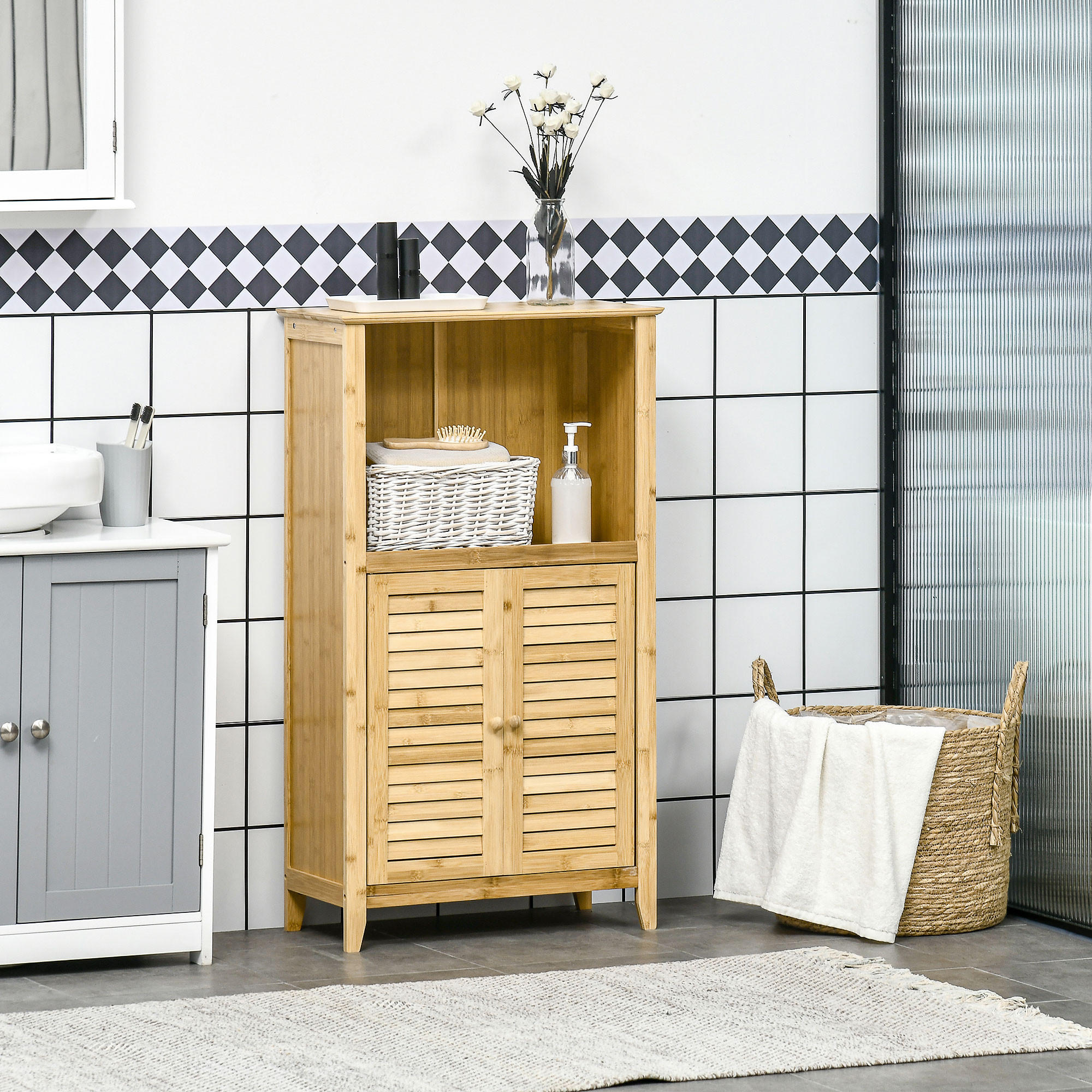 BADZIMMERSCHRANK mit offenem Regal, Bambus, Natur, 50 x 25,5 x 92 cm - Naturfarben, Holz (25.5/92/50cm) - HOMCOM