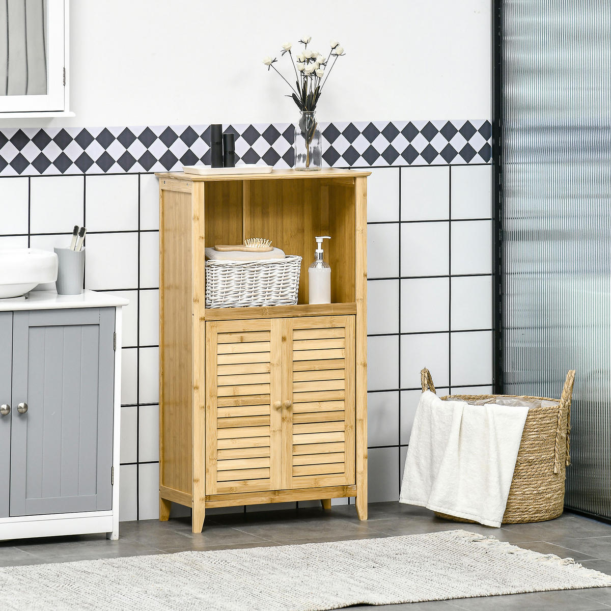 BADZIMMERSCHRANK mit offenem Regal, Bambus, Natur, 50 x 25,5 x 92 cm - Naturfarben, Holz (25.5/92/50cm) - HOMCOM