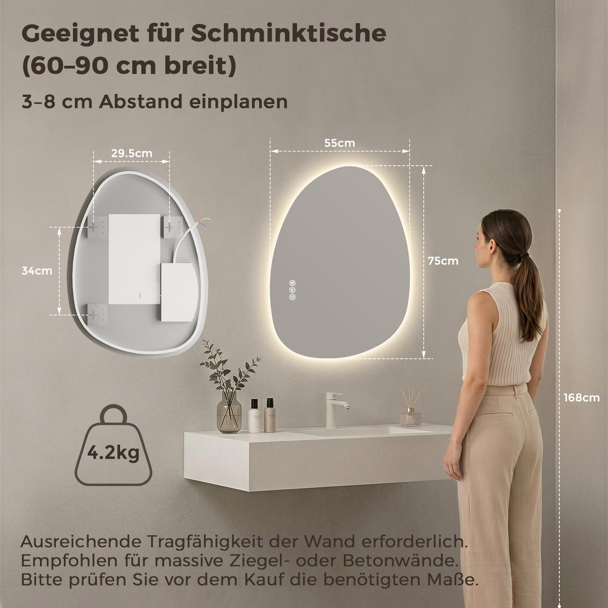 BADEZIMMERSPIEGEL mit Beleuchtung 75/55 cm asymmetrisch LED dimmbar mit Antibeschlag - Transparent, Glas (55/75/2.5cm) - S'AFIELINA