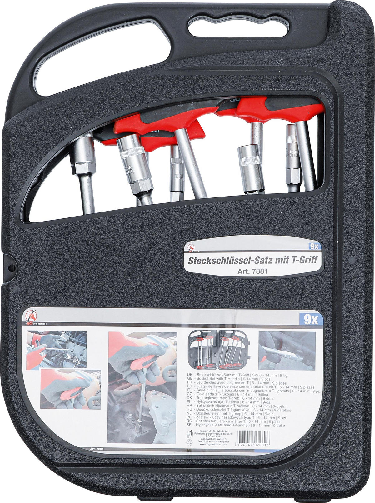 STECKSCHLÜSSEL-SATZ MIT T-GRIFF | SW 6 - 14 MM | 9-TLG. - Multicolor, Kunststoff/Metall (1/1cm) - BGS technic