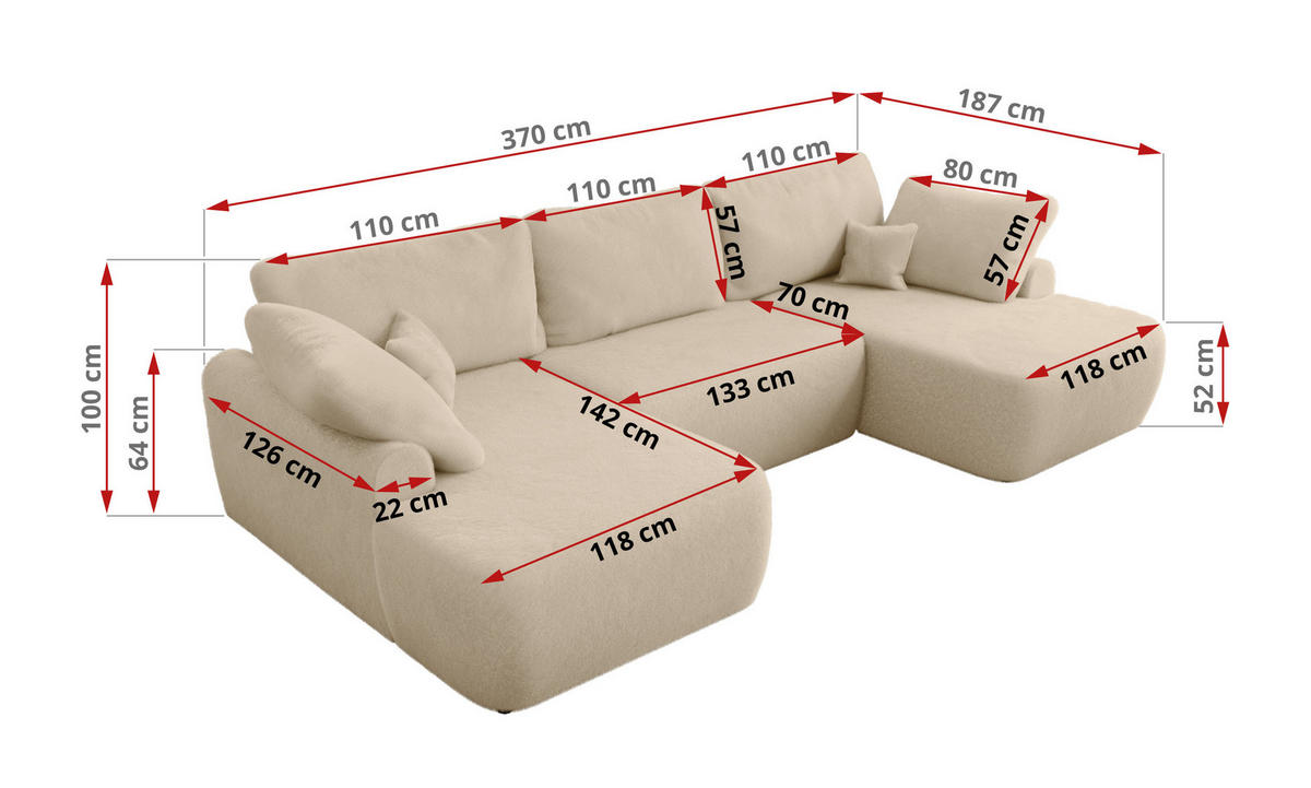 WOHNLANDSCHAFT CUBO U Creme Plüsch - Creme/Schwarz, Kunststoff/Textil (370/100/187cm) - MKS
