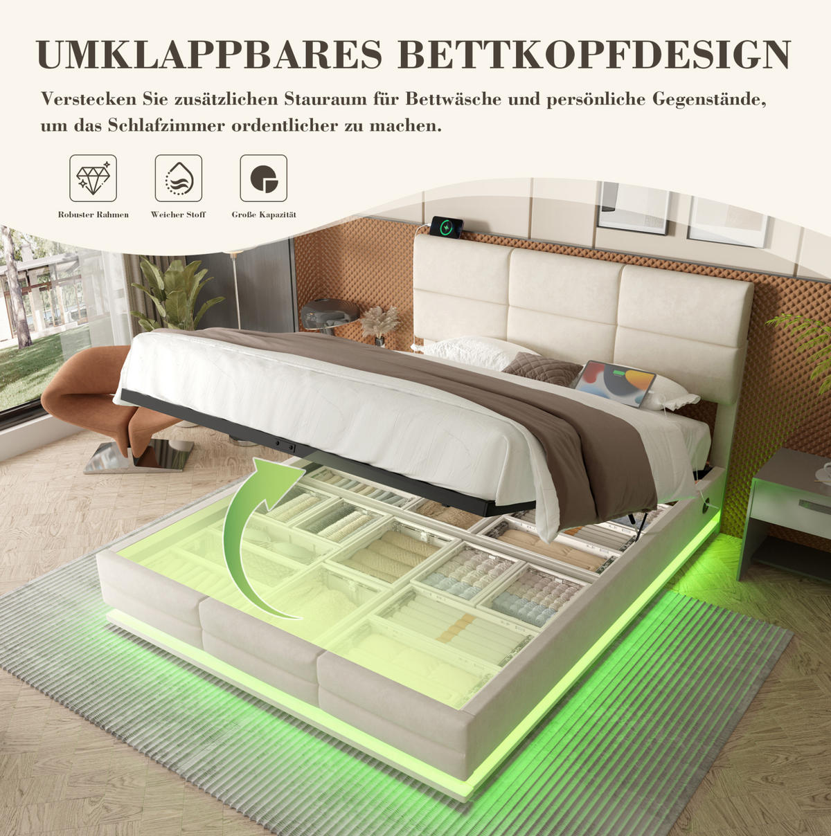 POLSTERBETT 140/200 cm aus Samt mit LED-Beleuchtung, USB-Anschlüssen und Stauraum Beige - Beige, Textil (140/200cm) - Modenvie
