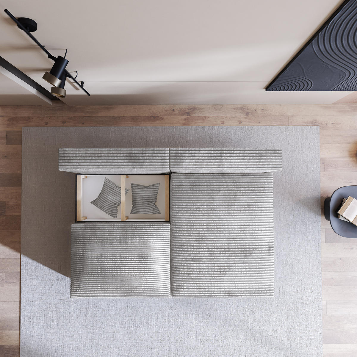 ECKSOFA FIORO Hellgrau Kordstoff mit Schlaffunktion - Hellgrau, Holz (204/148cm) - MASSENO