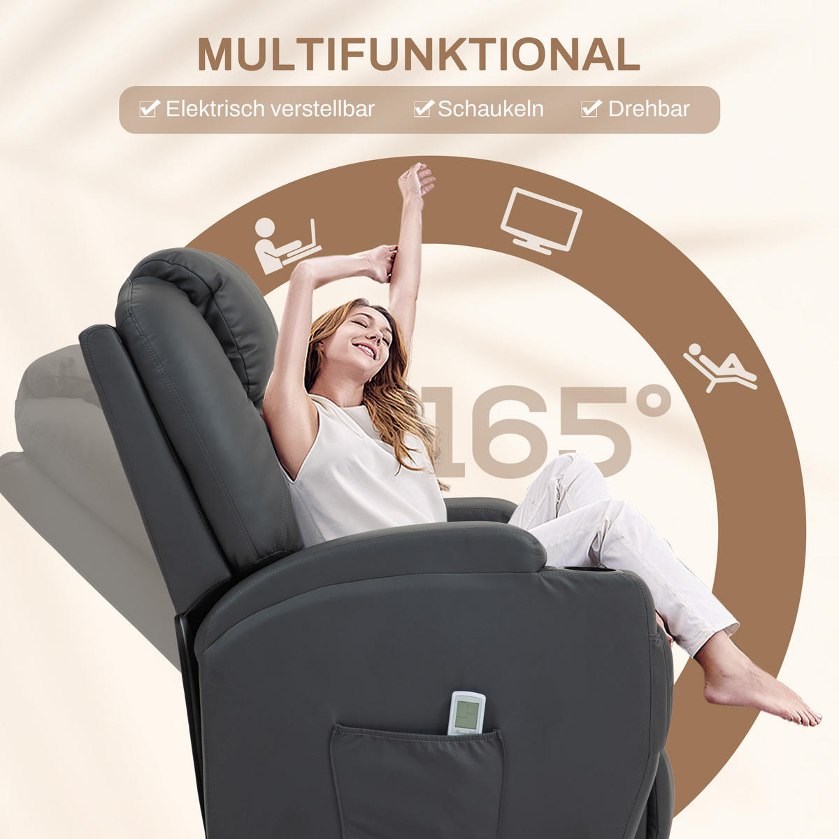 RELAXSESSEL mit Massagefunktion, Elektrisch Fernsehsessel mit Liegefunktion - Dunkelgrau/Schwarz, Leder (97/110/82cm) - HOMCOM