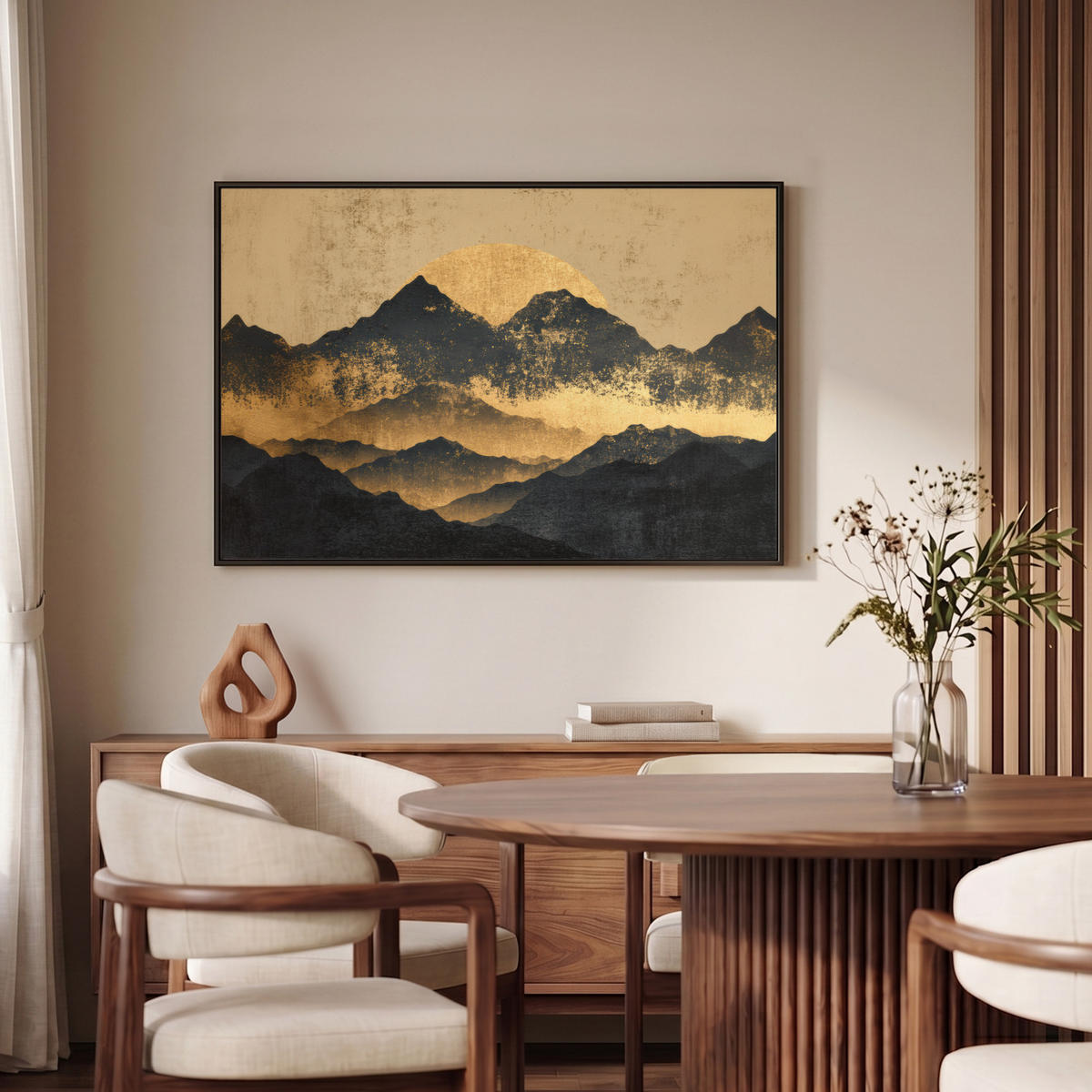 LEINWAND Bilder mit Rahmen - Goldene Berge bei Mondschein - 90x60 - Goldfarben, Textil (90/60cm) - MuchoWow