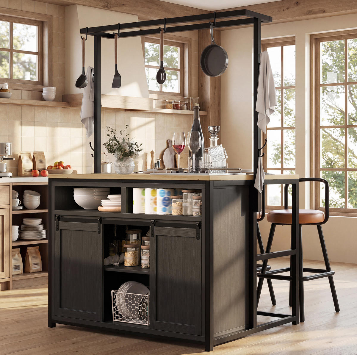 KÜCHENSCHRANK mit Arbeitsplatte und Stromanschluss 107 x 62 x 183 cm Schwarz - Schwarz, Metall (62/183/107cm) - Beauniv