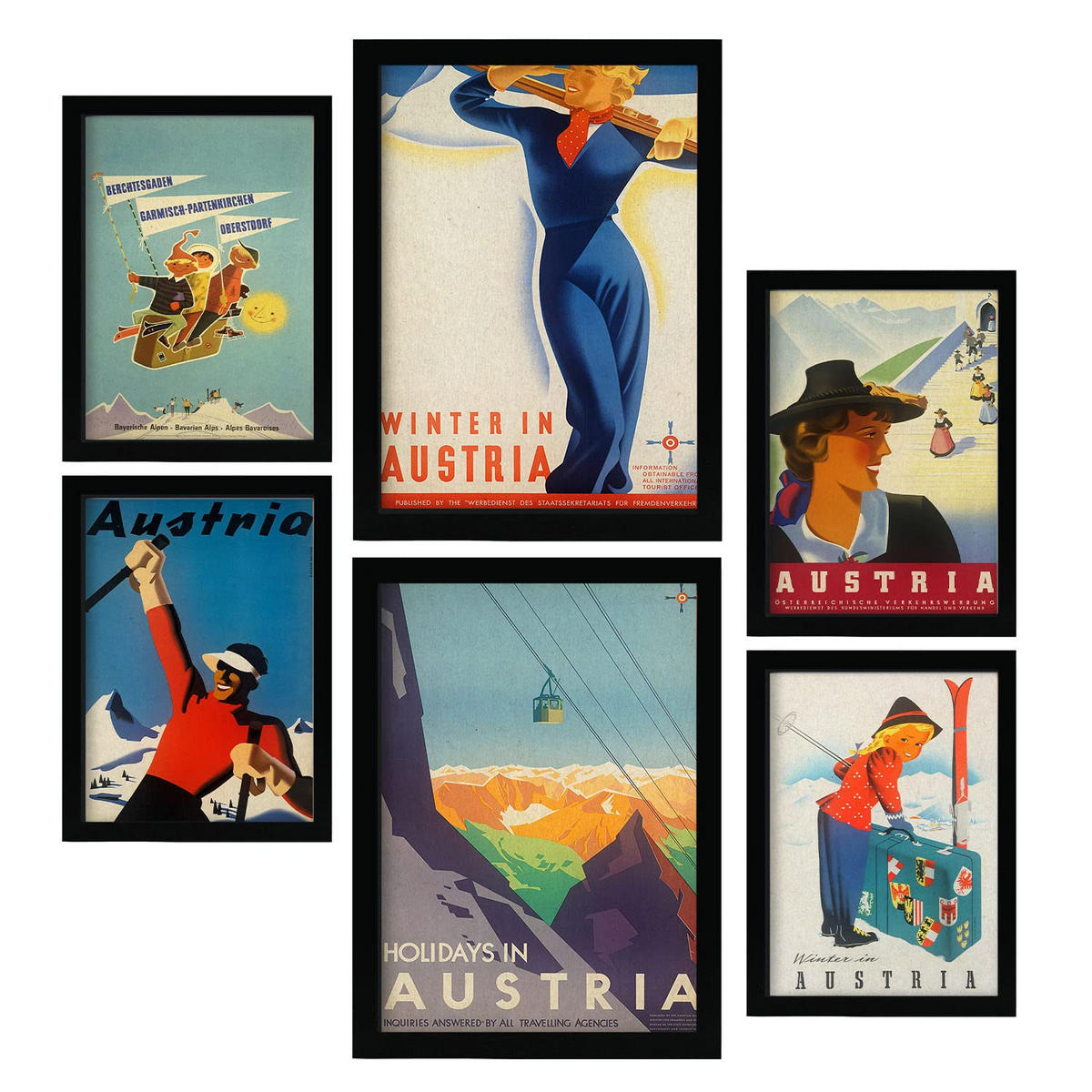 POSTER Set Mit 6 Vintage Österreich Größe A3 & A4 Schwarzer Rahmen - Schwarz, Papier (29.7/1cm) - Nacnic