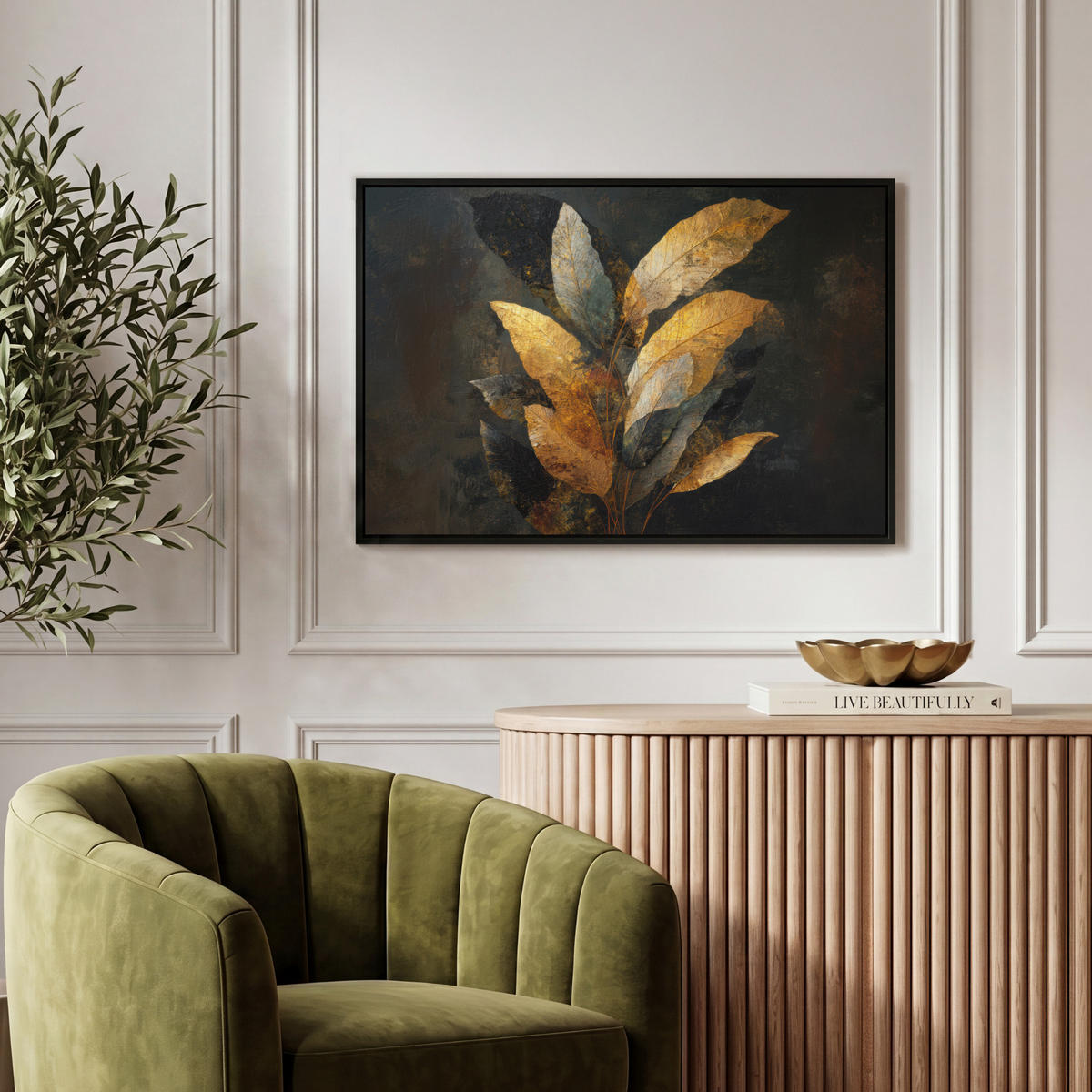 LEINWAND Bilder mit Rahmen - Golden Leaf Komposition - Botanical Luxury - 60x40 - Goldfarben, Textil (60/40cm) - MuchoWow