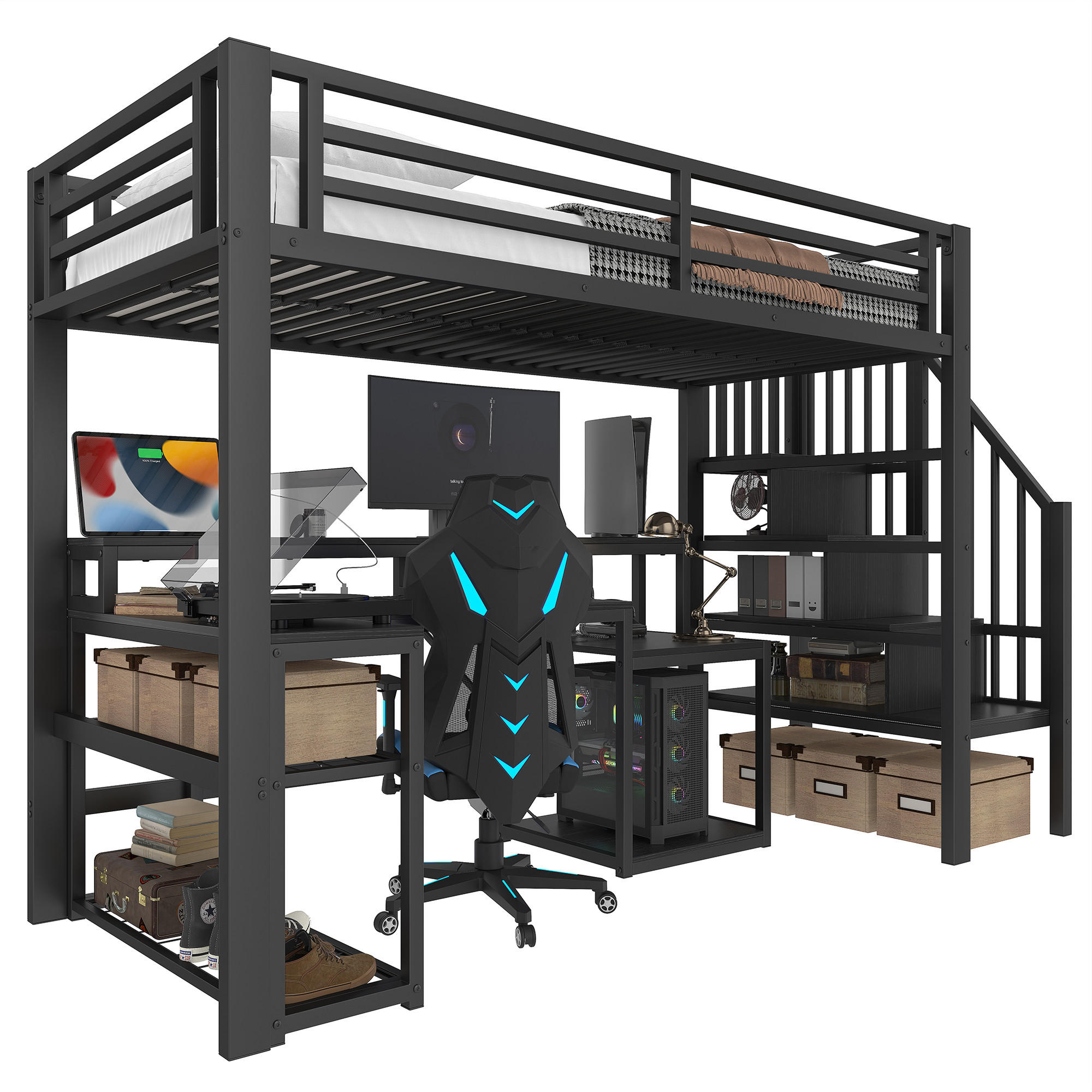 STILVORA HOCHBETT 90/200 cm in Schwarz mit Schreibtisch, Regal, Treppe mit Stauraum, LED und USB