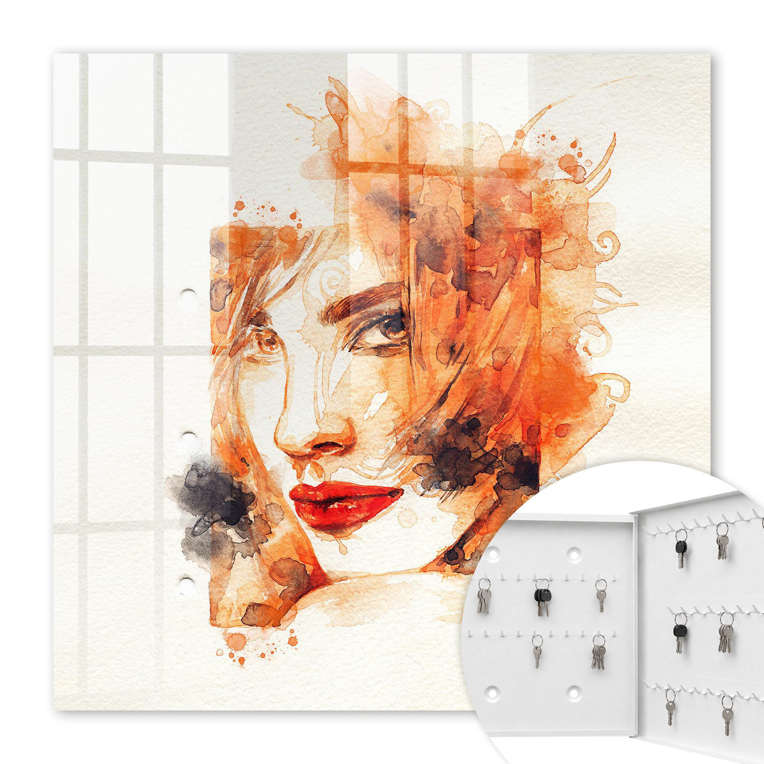SCHLÜSSELBOX Weiß 30x30 cm – Türöffnung nach rechts - Feminine Aquarellmalerei - Orange, Metall (30/30/5cm) - TULUP
