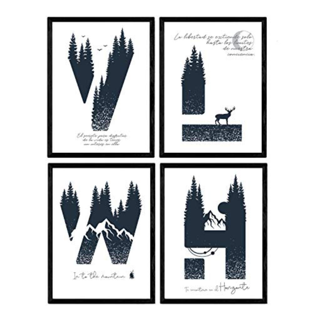 POSTER Set mit 4 Buchstaben NaturDesign Buchstaben H, V, L, W A3 Rahmenlos - Klar, Papier (29.7/3cm) - Nacnic