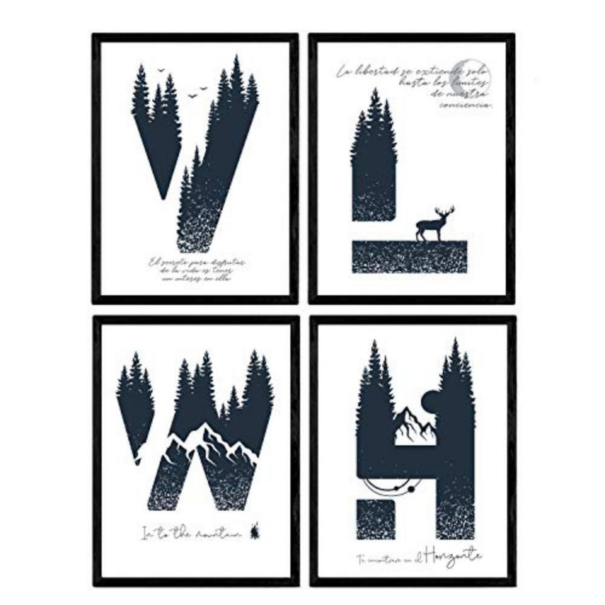 POSTER Set mit 4 Buchstaben NaturDesign Buchstaben H, V, L, W A3 Rahmenlos - Klar, Papier (29.7/3cm) - Nacnic