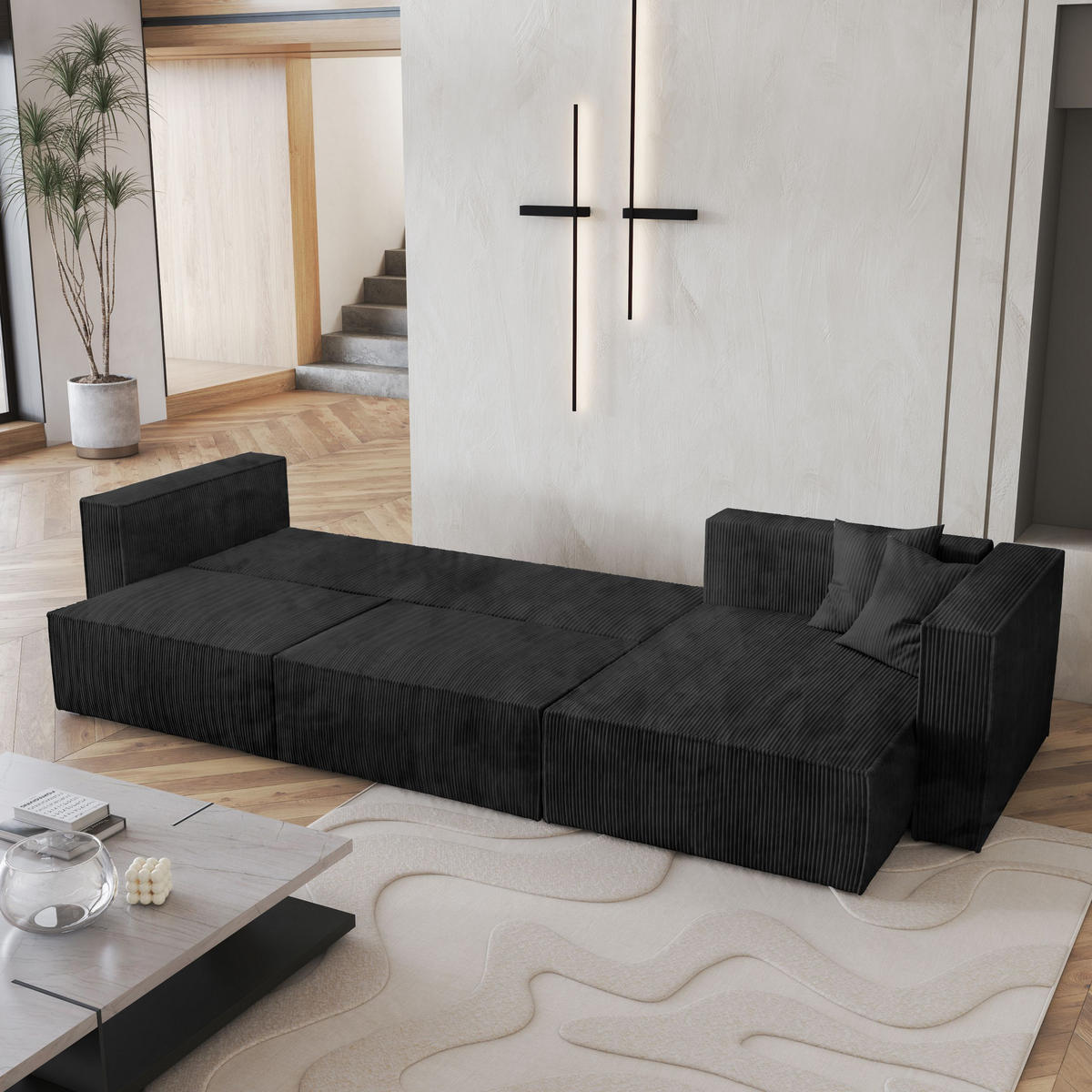 ECKSOFA TOLMO P Schwarz Kordstoff mit Schlaffunktion - Schwarz, Holz (347/148cm) - MASSENO