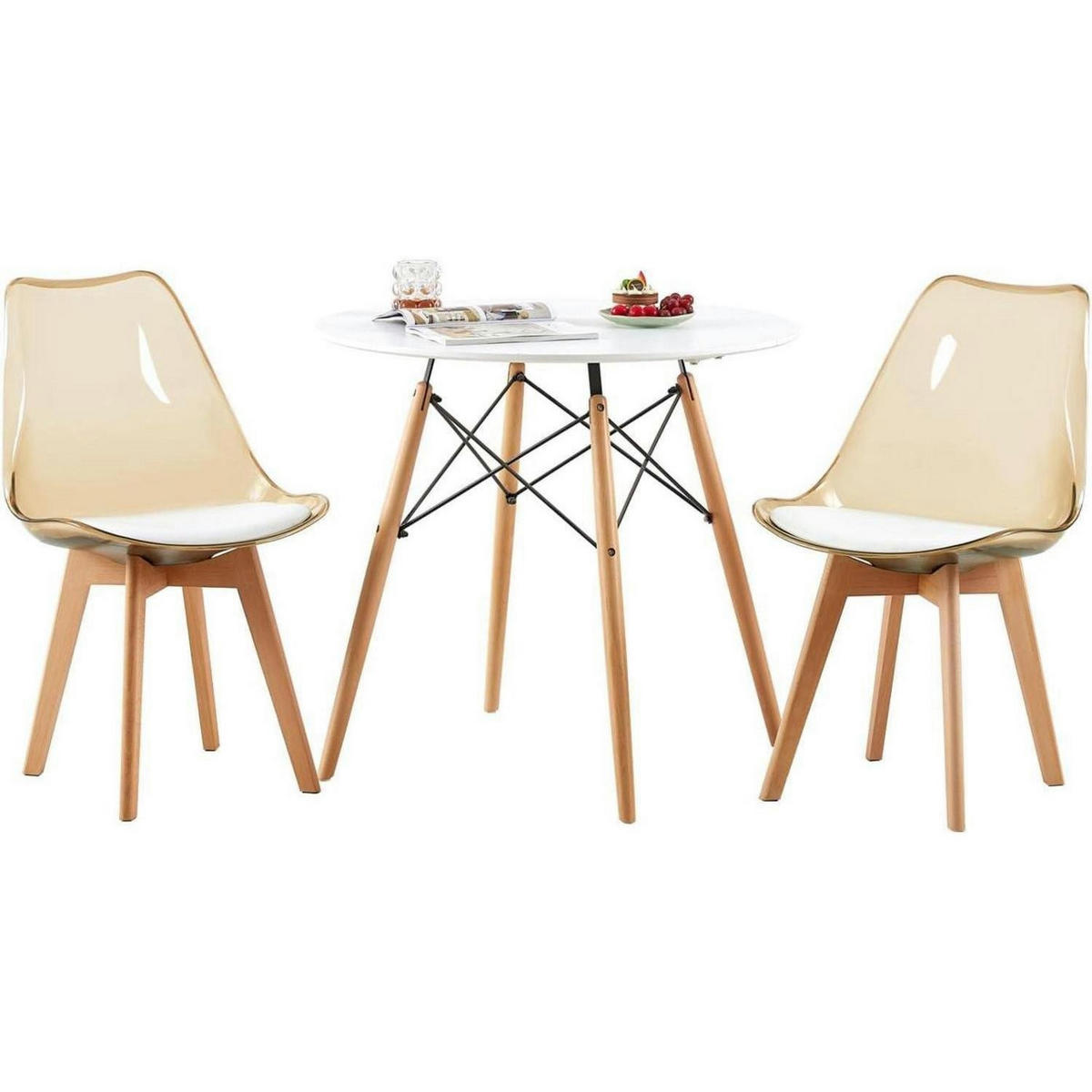 ESSZIMMERSTUHL 2er Set Transparent Braun mit Weißem PU-Leder Sitzkissen und Buchenholzbeinen - Transparent, Kunststoff (47.5/82/41cm)