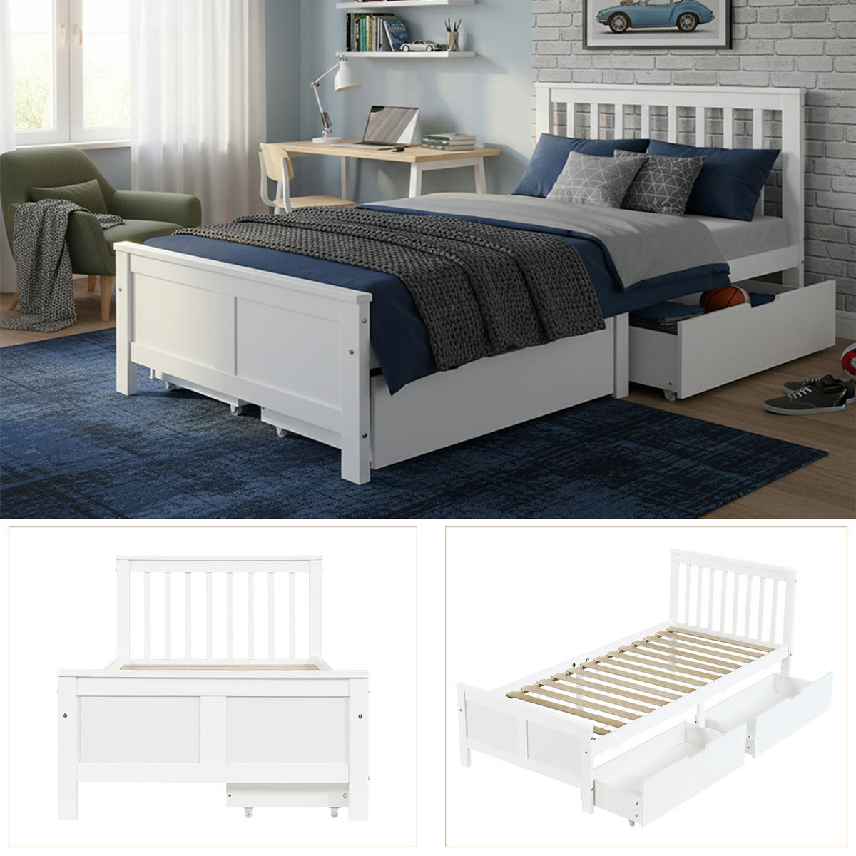 JUGENDBETT 90/200 cm in Weiß mit 2 Schubladen - Weiß, Holz/Holzwerkstoff (90/200cm) - WISHDOR