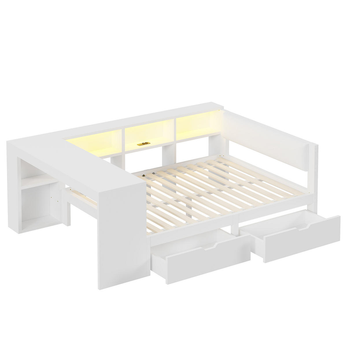 STAURAUMBETT 140/200 cm DE-03365, mit Ablageflächen, Schubladen, gepolstertem Kopfteil und LED, in Weiß - Weiß, Holzwerkstoff (140/200cm) - ComfortXL
