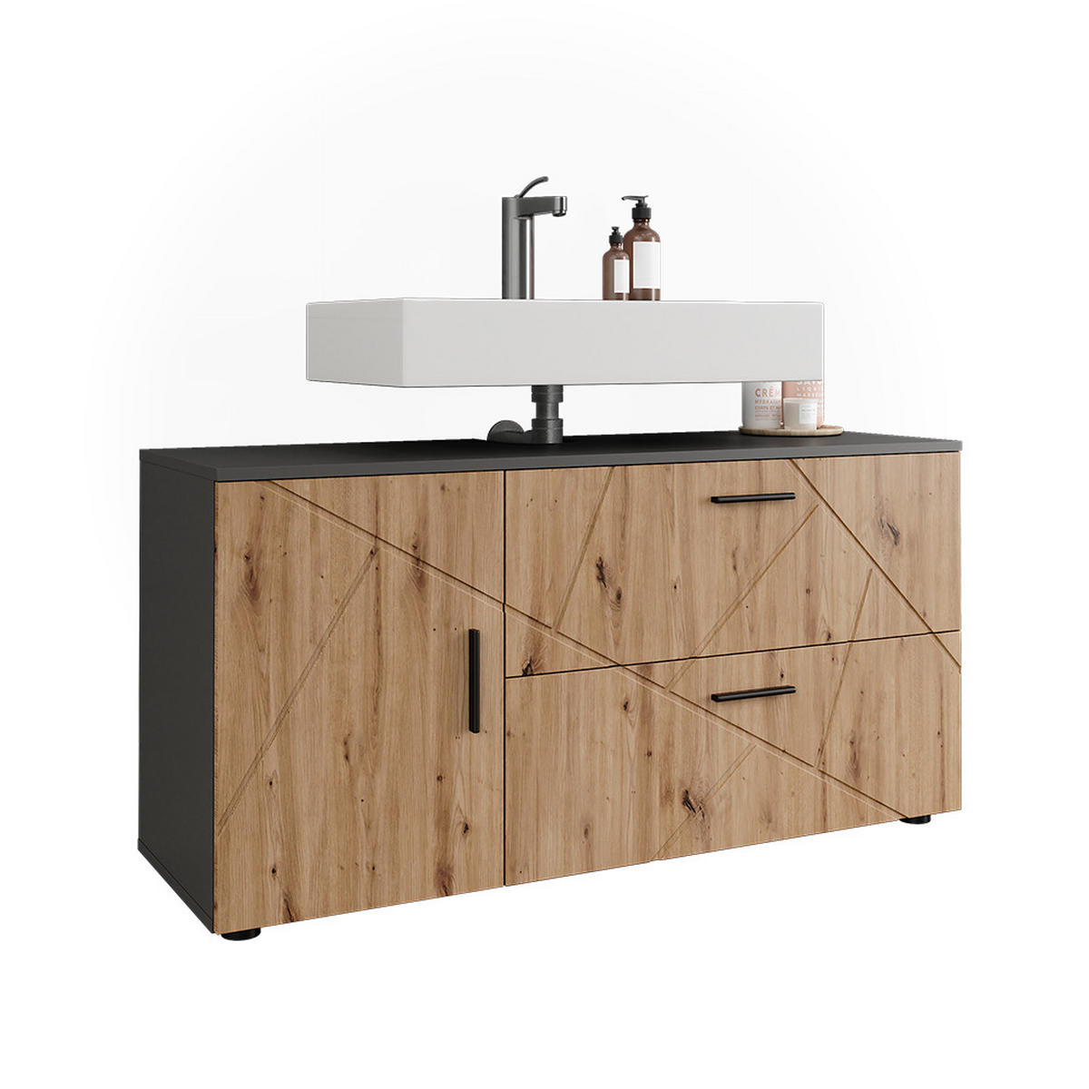 WASCHBECKENUNTERSCHRANK Irma Anthrazit/Artisan 120.1 x 60.6 cm mit 2 Schubladen und 1 Tür - Anthrazit/Eiche Artisan, Holzwerkstoff (120.1/60.6/41cm) - Vicco