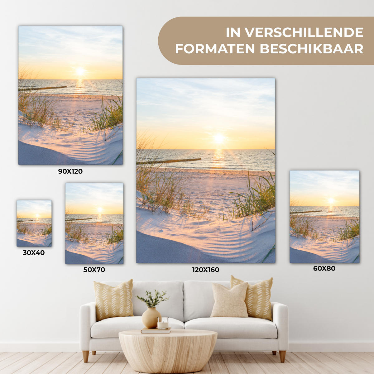 LEINWANDBILD Strand - Sonne - Düne - Gras - Sand - Horizont Wandbild Wohnzimmer 60x80 cm - Hellblau, Textil (60/80cm) - MuchoWow