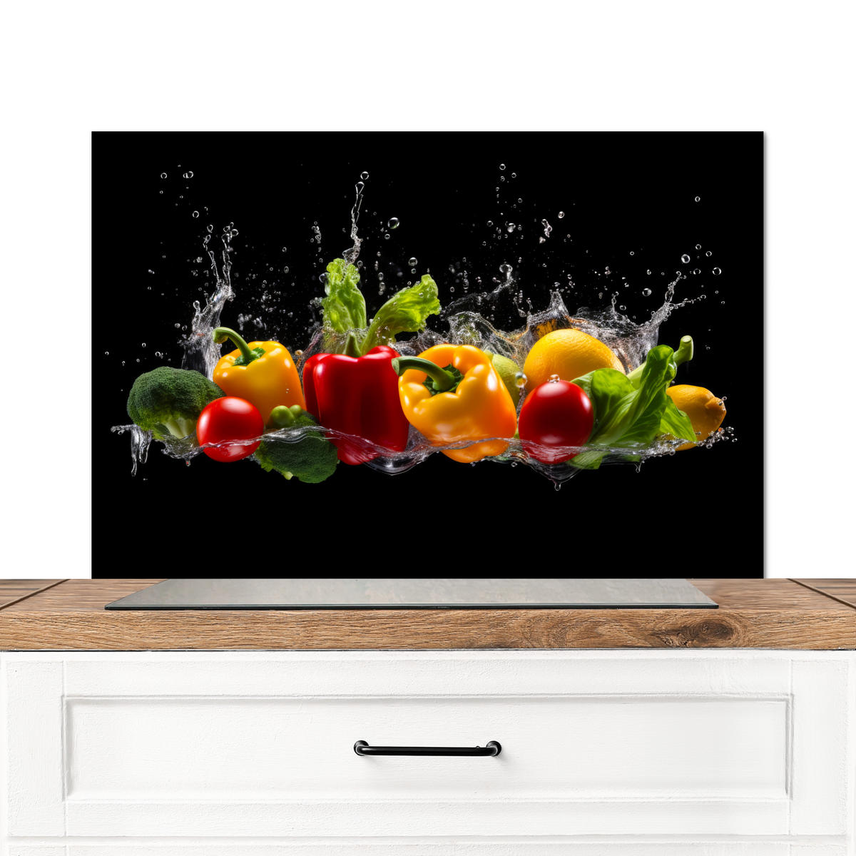 SPRITZSCHUTZ KÜCHE Paprika - Wasser - Gemüse - Schwarz 90x60 cm - Multicolor, Metall (90/0.3/60cm) - MuchoWow