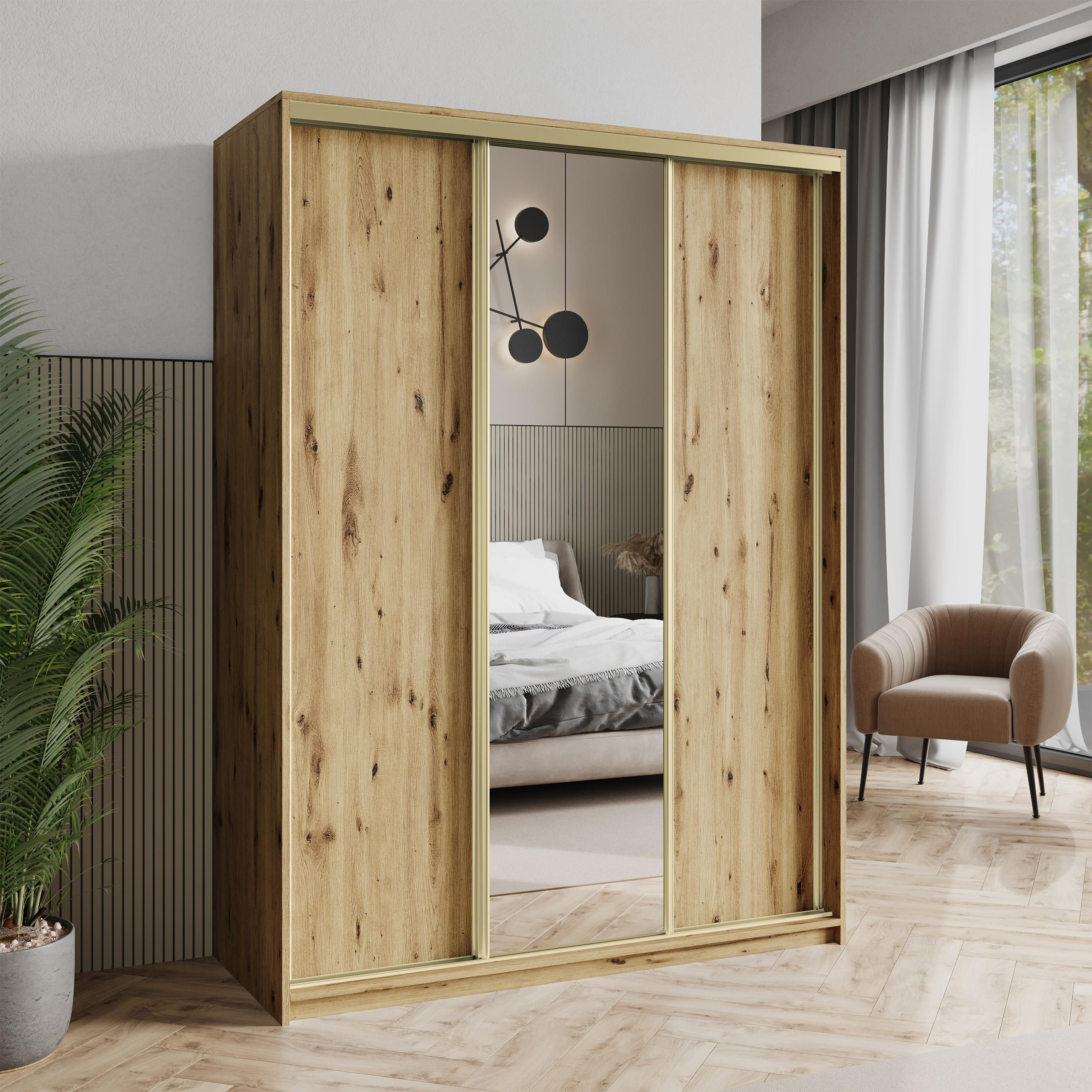 SCHWEBETÜRENSCHRANK TAVI 150/205/60 cm 3-türig mit Spiegel Eiche Artisan - Eiche Artisan, Holzwerkstoff (150/205/60cm) - MASSENO