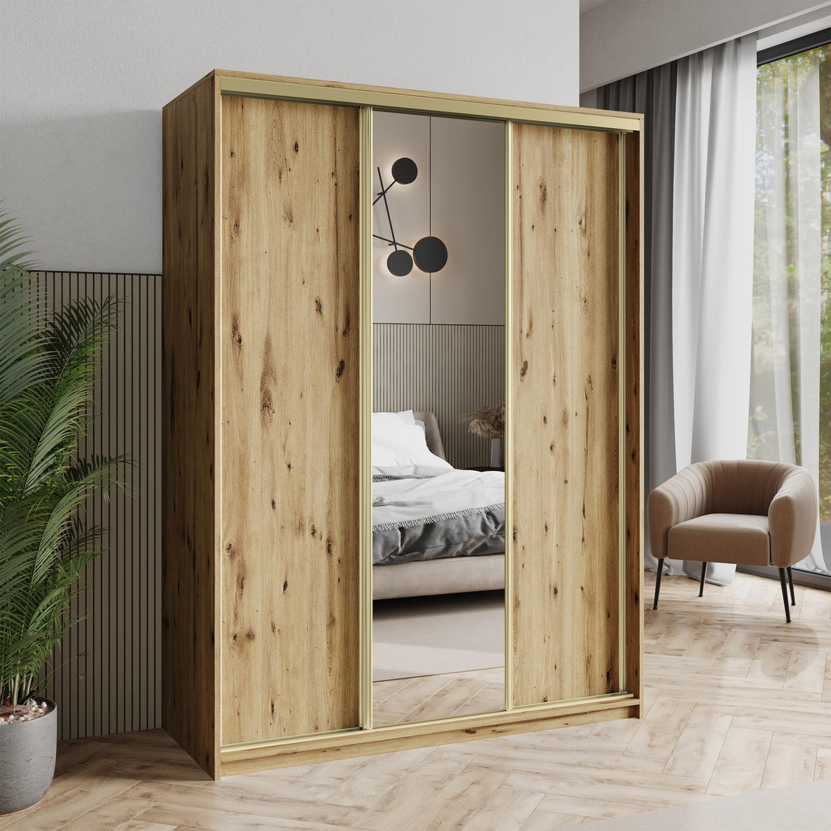 SCHWEBETÜRENSCHRANK TAVI 150/205/60 cm 3-türig mit Spiegel Eiche Artisan - Eiche Artisan, Holzwerkstoff (150/205/60cm) - MASSENO