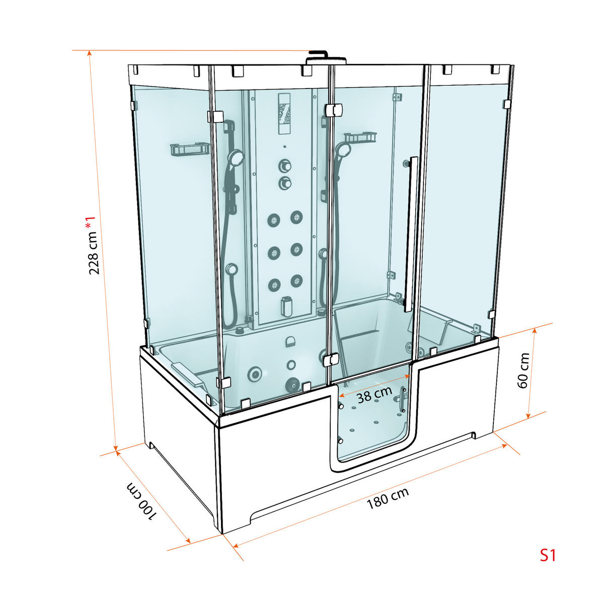 BADEWANNE mit Tür Dusche K88-SW-EH-B-EC-EA Duschtempel - Schwarz, Glas/Kunststoff (100/228/180cm) - AcquaVapore by Sandra Jentho