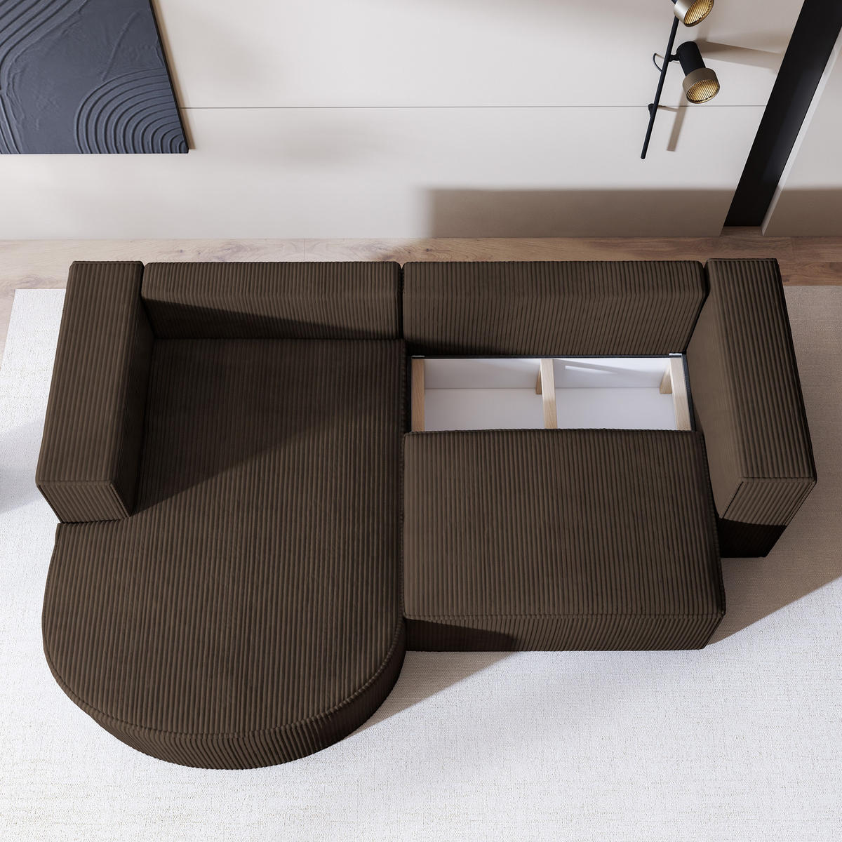 ECKSOFA SORELA P L-S Braun Kordstoff mit Schlaffunktion - Braun, Holz (263/174cm) - MASSENO