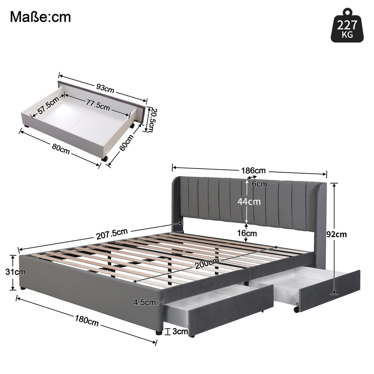 POLSTERBETT 180/200 cm in Grau Samt mit 2 Schubladen - Grau, Holz/Textil (180/200cm) - KOMHTOM