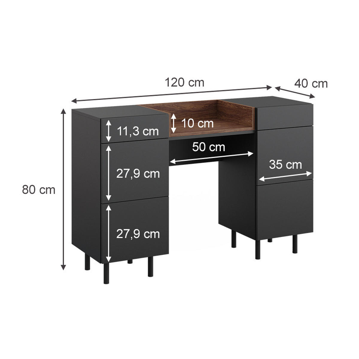 KONSOLENTISCH Anika Anthrazit 120 cm mit 6 Schubladen - Anthrazit/Walnussfarben, Holzwerkstoff (40/120/80cm) - Vicco