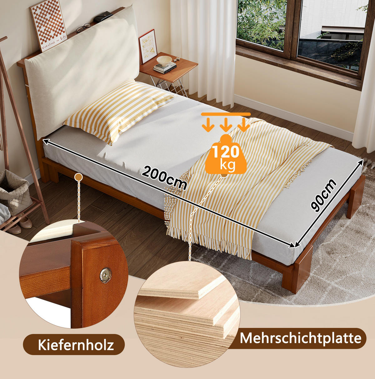 ČALÚNENÁ posteľ z borovice 90x200 cm hnedá s polstrovaným čelom, stabilnými roštami a jednoduchou montážou - hnedá, textil (90/200cm) - Modfu