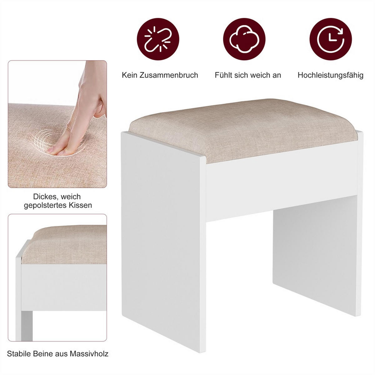 SCHMINKTISCH - Frisiertisch mit LED-Lichtspiegel und Ladestation - Glasplatte und Hocker - Weiß - Weiß, Holzwerkstoff (36/140/110cm) - DELFA