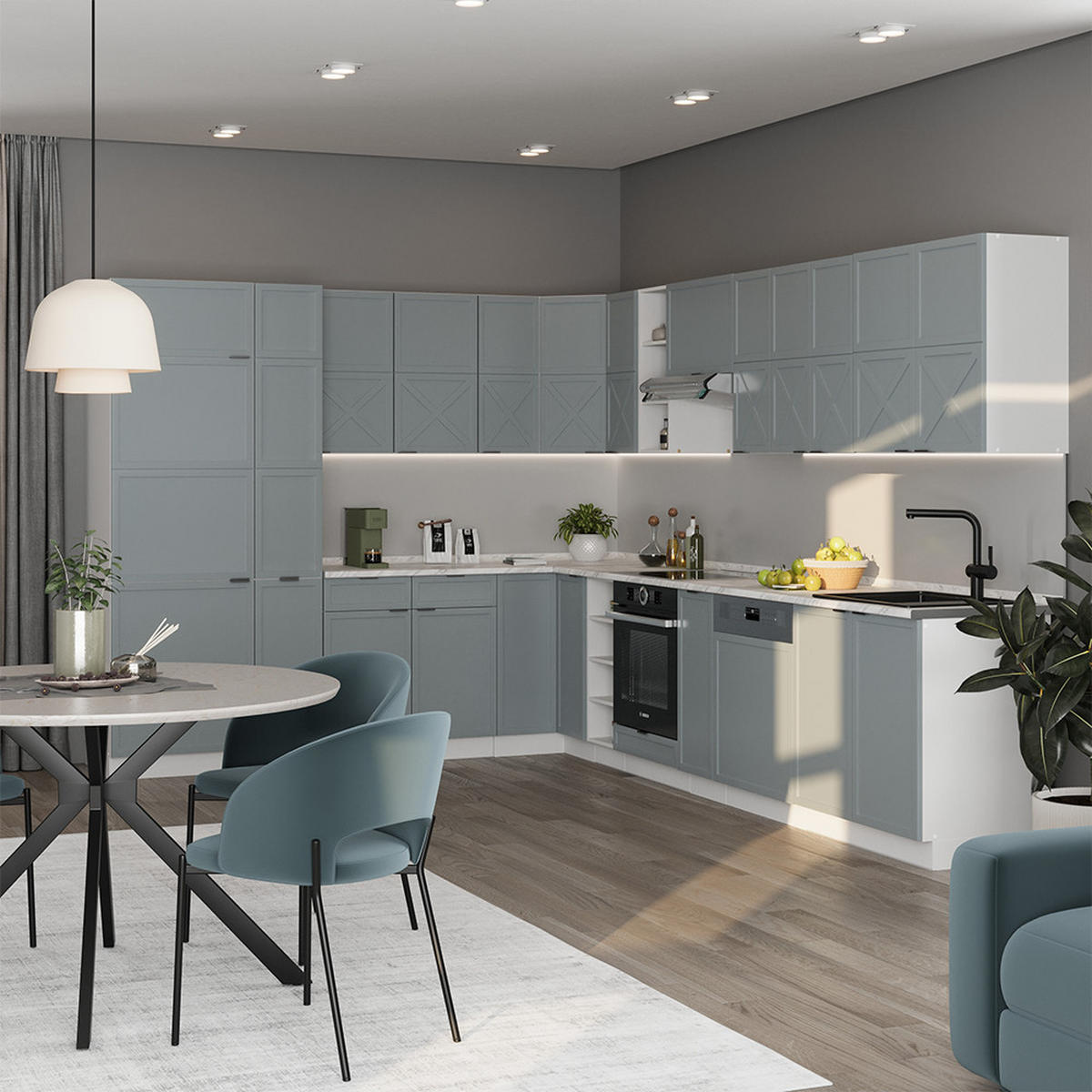 ECKKÜCHE Fame-Line Hellblau-grau/Weiß 347 x 257 cm ohne AP - Weiß/Hellblau, Holzwerkstoff (347/81.6/46cm) - Vicco