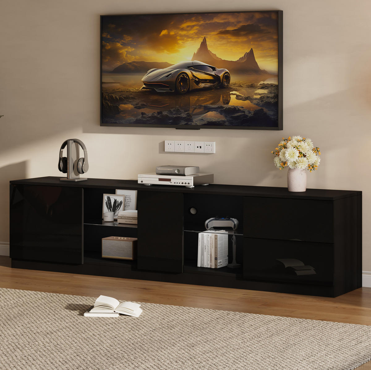LOWBOARD 160/40/52 cm aus MDF mit Hochglanzfront und LED-Beleuchtung Schwarz - Schwarz, Holzwerkstoff (160/52/40cm) - Modenvie