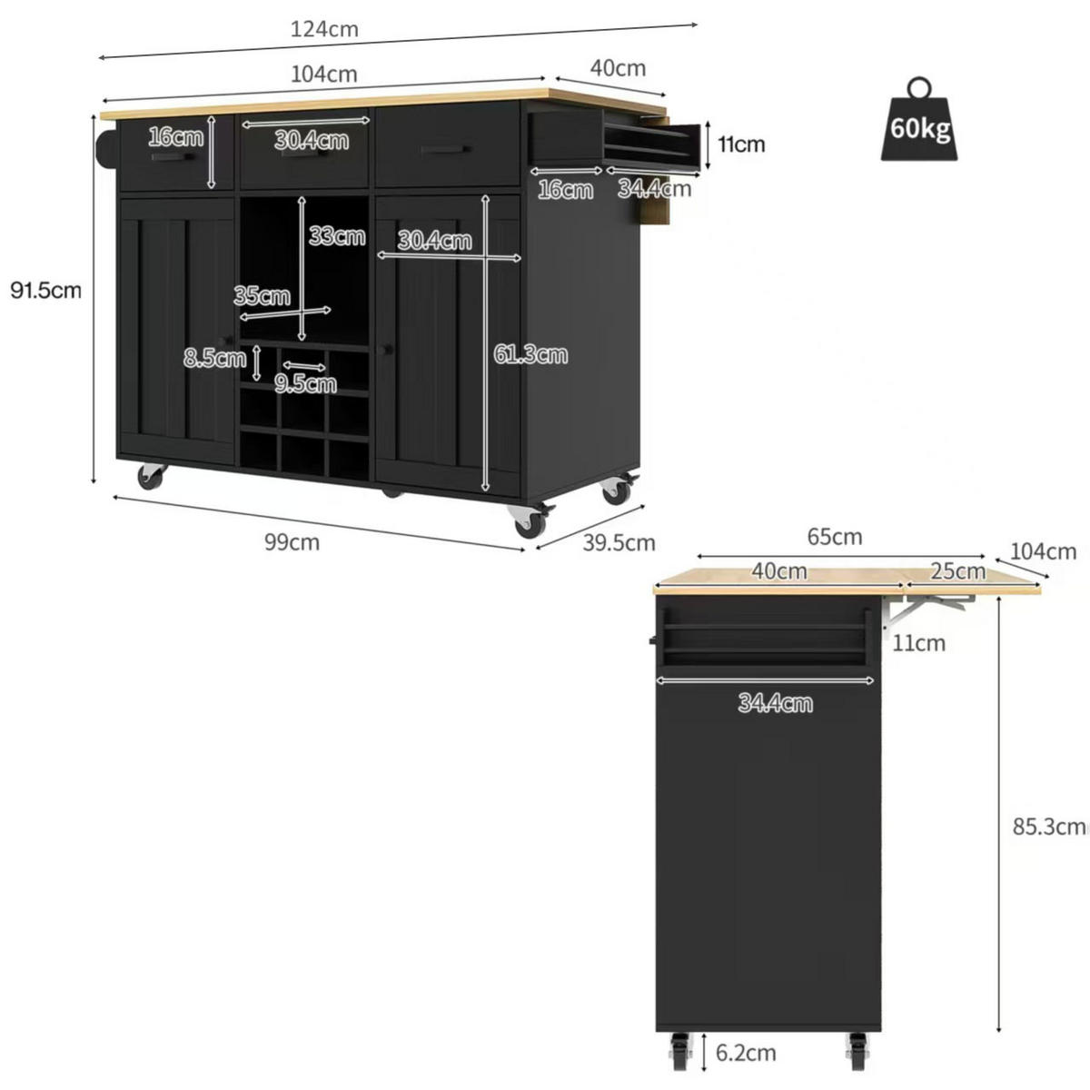 KÜCHENWAGEN 104x39.5x91.5cm Schwarz mit 3 Schubladen & Weinrutsche - Schwarz, Holzwerkstoff (104/91.5/39.5cm) - Modfu