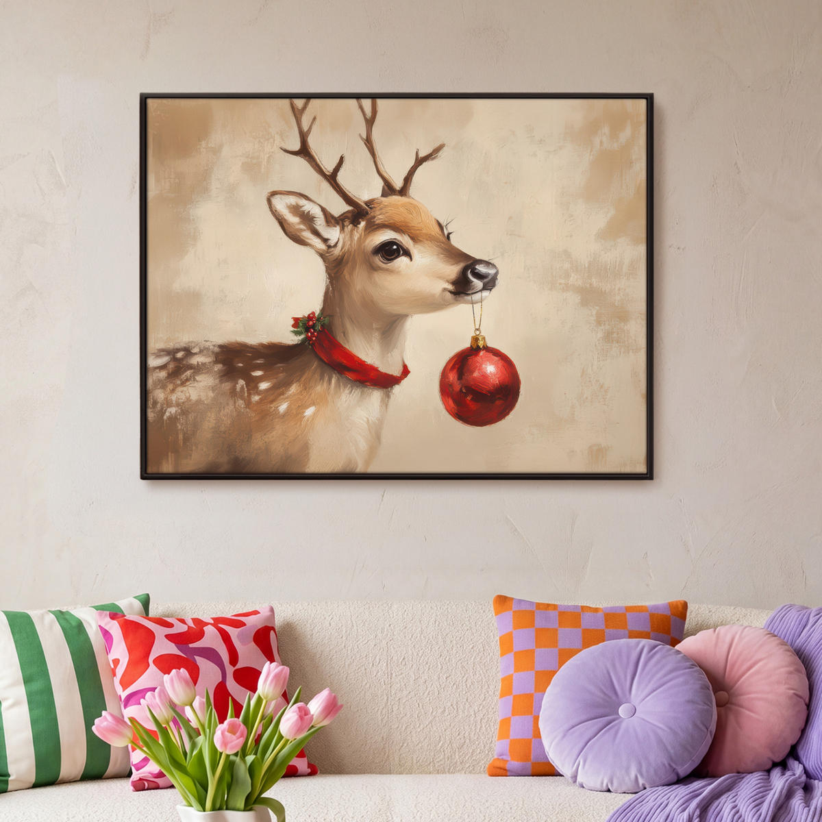 LEINWAND Bilder mit Rahmen - Weihnachten - Hirsch - Geweih - Weihnachtskugel - Rentier - 100x70 - Hellbraun, Textil (100/70cm) - MuchoWow
