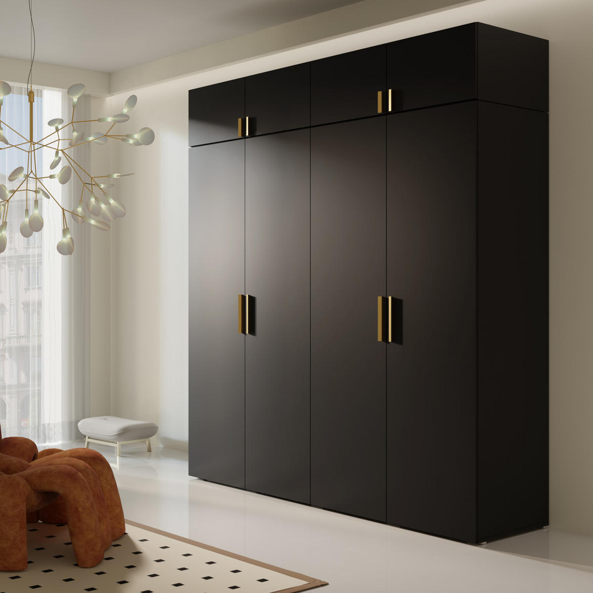 DREHTÜRENSCHRANK mit Aufsatz Napoli 4D 200 Schwarz (schwarzer oder goldener Griff) - Silberfarben/Schwarz, Holzwerkstoff/Kunststoff (200/35/60cm) - mzm24